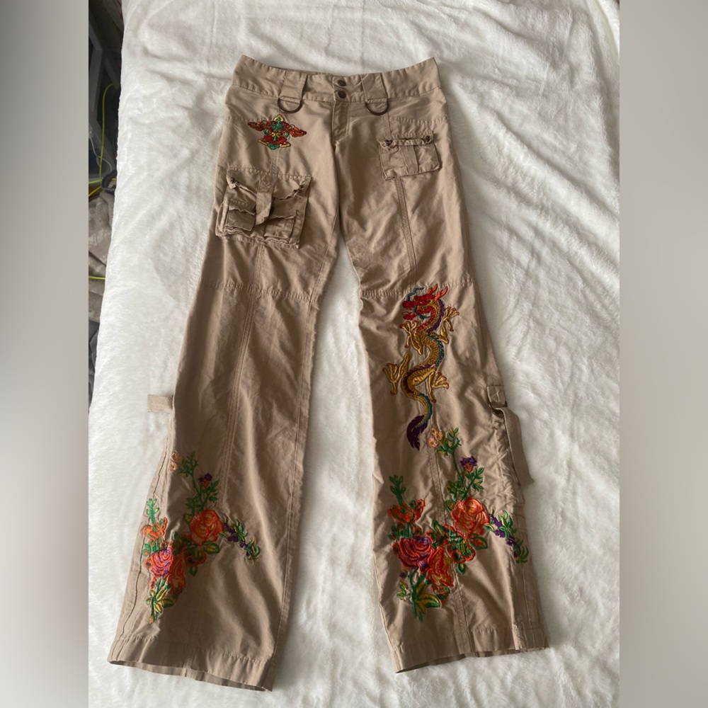 VINTAGE Y2K Khaki Embroidered Low Rise Cargo Pants